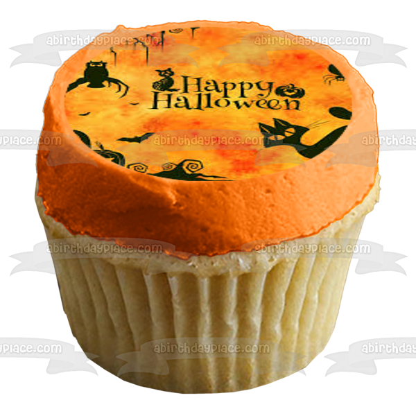 Happy Halloween Scary Cat Spider Owl Jack-O-Lanterns Edible Cake Topper Image ABPID52674