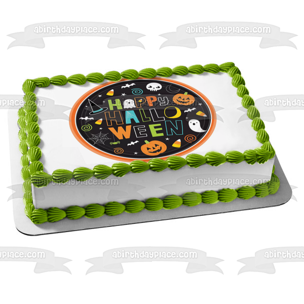 Happy Halloween Ghosts Jack-O-Lanterns Spiderwebs Witch Hats Candy Corn Edible Cake Topper Image ABPID52677