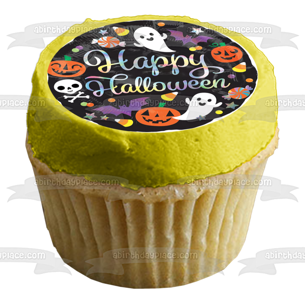 Happy Halloween Ghosts Bats Candy Corn Jack-O-Lanterns Edible Cake Topper Image ABPID52679