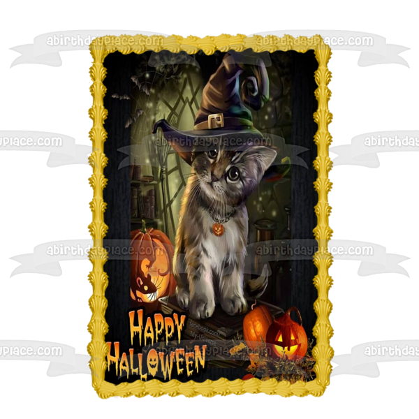 Happy Halloween Cat Wearing Witche's Hat Jack-O-Lanterns Edible Cake Topper Image ABPID52681