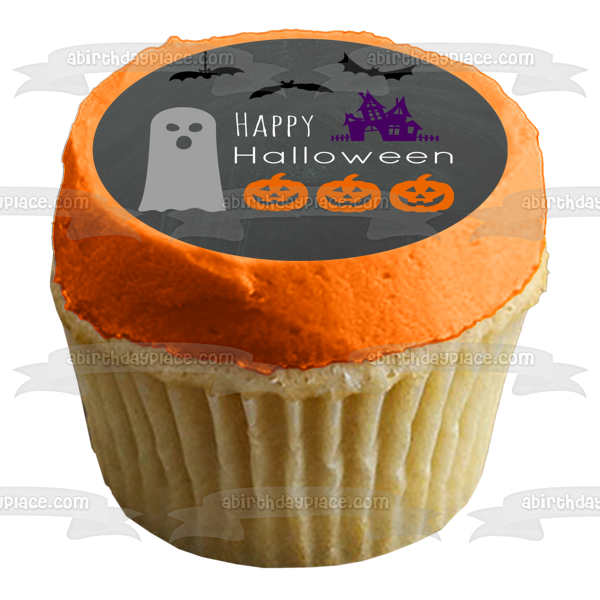 Happy Halloween Ghost Bats Scary House Smiling Jack-O-Lanterns Edible Cake Topper Image ABPID52688