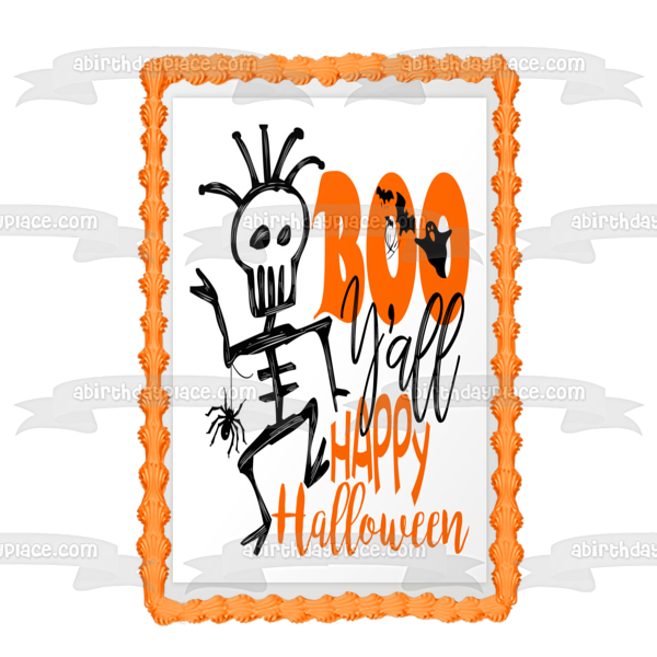 Boo Ya'll Happy Halloween Skeleton Spider Ghosts Bats Edible Cake Topper Image ABPID52690