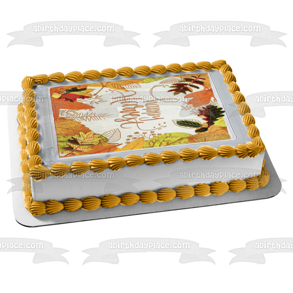 Happy Harvest Fall Colored Leaves Edible Cake Topper Image ABPID52710