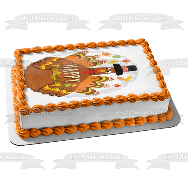 Happy Thanksgiving Turkey In a Pilgrim Hat Fall Colored Leaves Edible Cake Topper Image ABPID52713