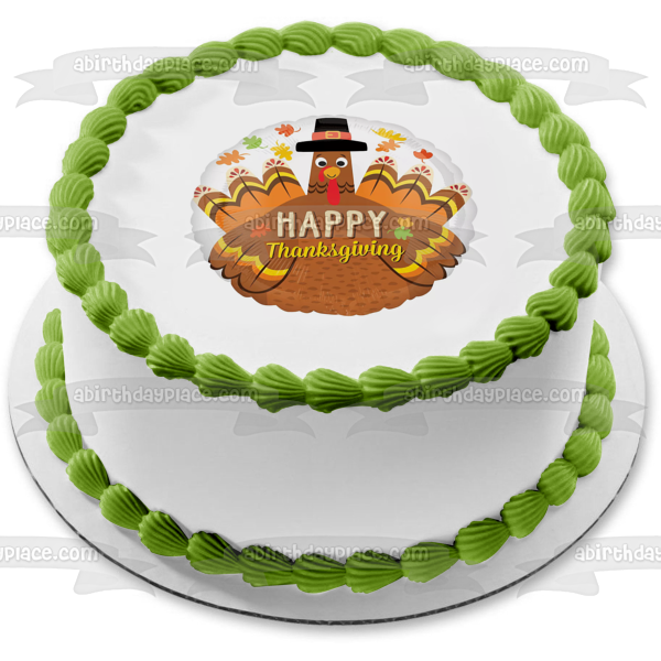 Happy Thanksgiving Turkey In a Pilgrim Hat Fall Colored Leaves Edible Cake Topper Image ABPID52713