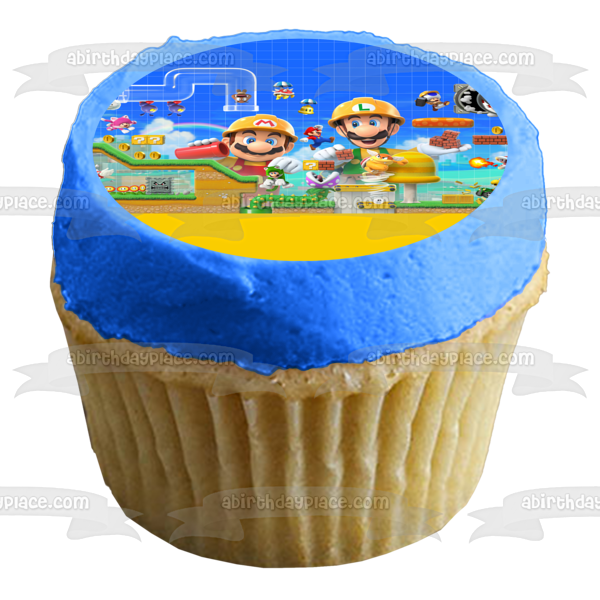 Super Mario Maker 2 Luigi and Mario Personalizable Video Game Edible Cake Topper Image ABPID52760