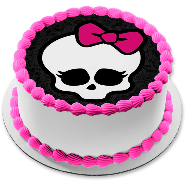 Monster High Skullette Pretty Pink Bow Skull Skeleton Background Pink Border Edible Cake Topper Image ABPID52762