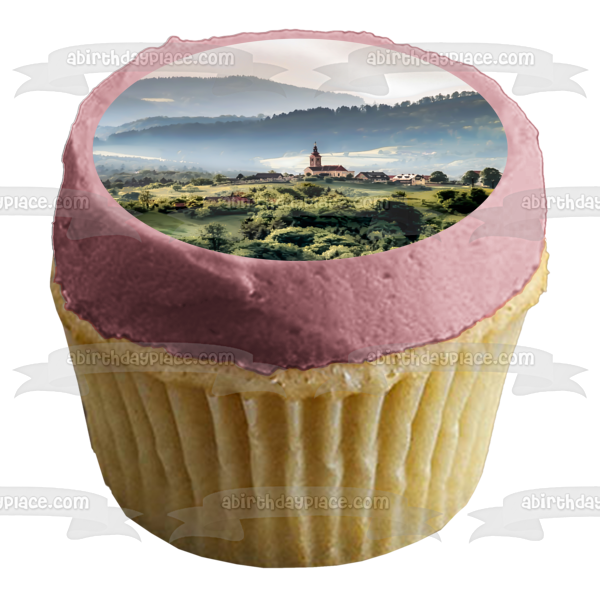Town Surrounded by Mountains Edible Cake Topper Image ABPID52932