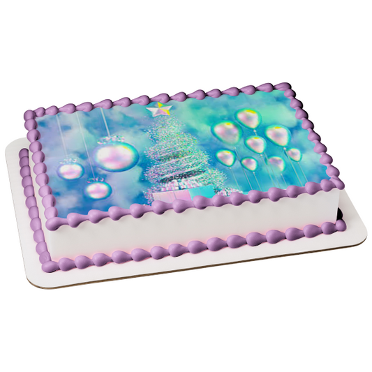 Merry Christmas Silver Christmas Tree Balloons Presents Edible Cake Topper Image ABPID53031