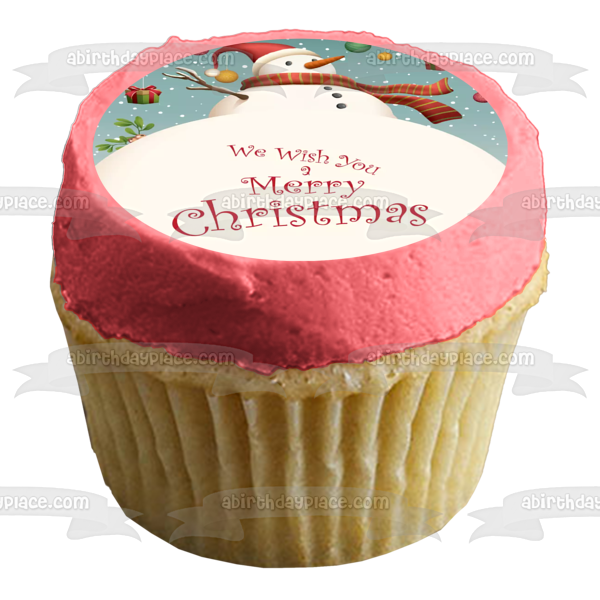 Snowman "We Wish You a Merry Christmas" Christmas Presents Edible Cake Topper Image ABPID53037