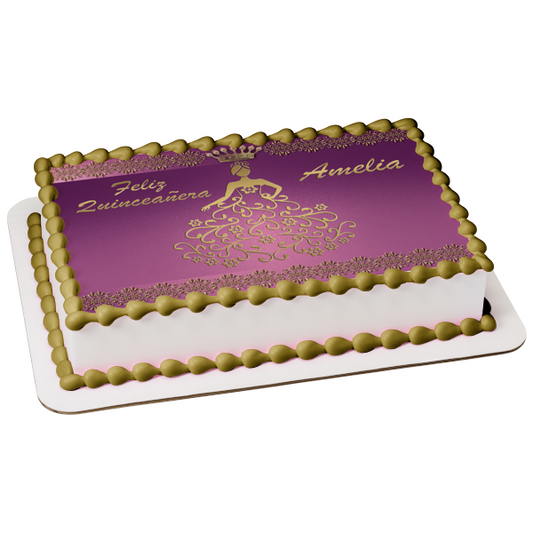 Customizable Quinceanera Gold and Purple Crown Dress Happy Birthday Edible Cake Topper Image ABPID53213