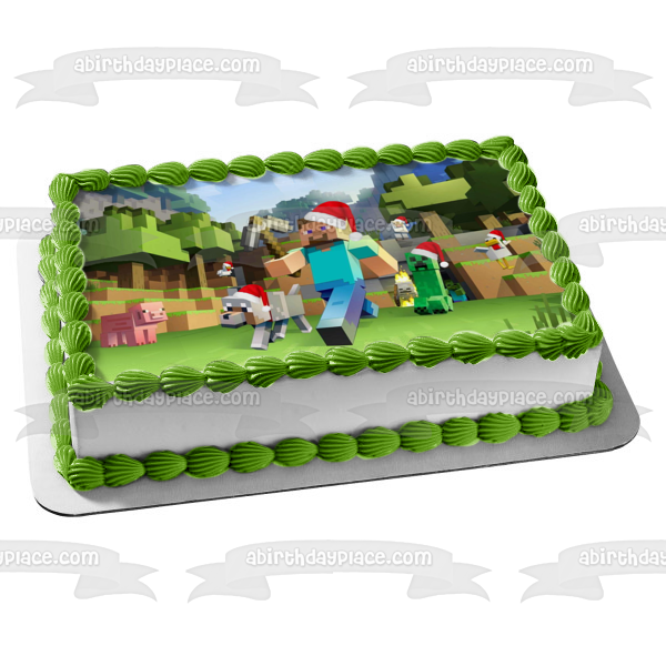 Minecraft Merry Christmas Steve Creeper Pig Dog Santa Claus Hats Edible Cake Topper Image ABPID53047