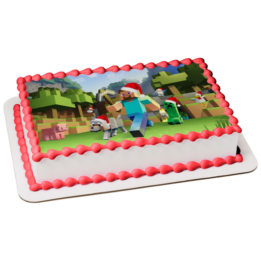 Minecraft Merry Christmas Steve Creeper Pig Dog Santa Claus Hats Edible Cake Topper Image ABPID53047