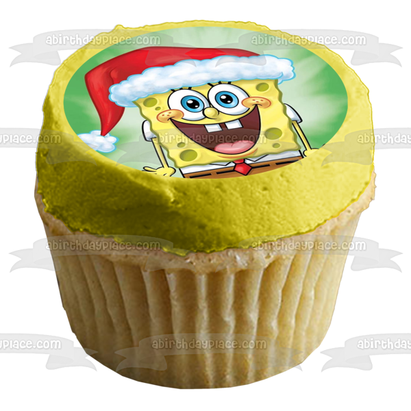 SpongeBob SquarePants Merry Christmas Santa Hat Edible Cake Topper Image ABPID53056