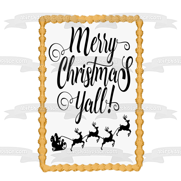 Feliz Navidad, Papá Noel, trineo, reno, siluetas en blanco y negro, decoración comestible para tarta, imagen ABPID53065 