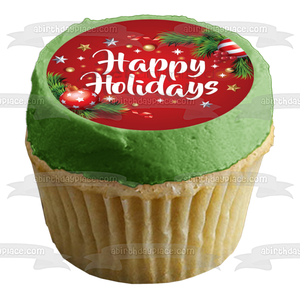 Happy Holidays Christmas Bulbs Mistletoe Edible Cake Topper Image ABPID53076