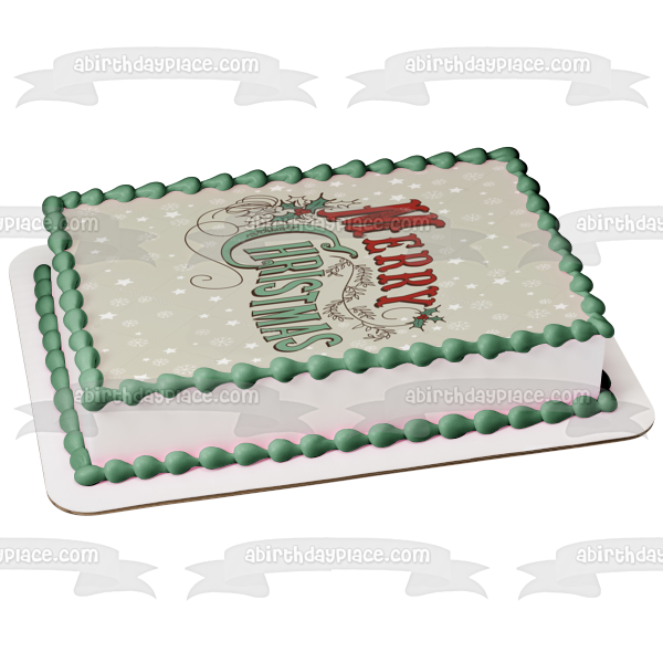 Merry Christmas Snowflakes Mistletoe Stars Edible Cake Topper Image ABPID53077