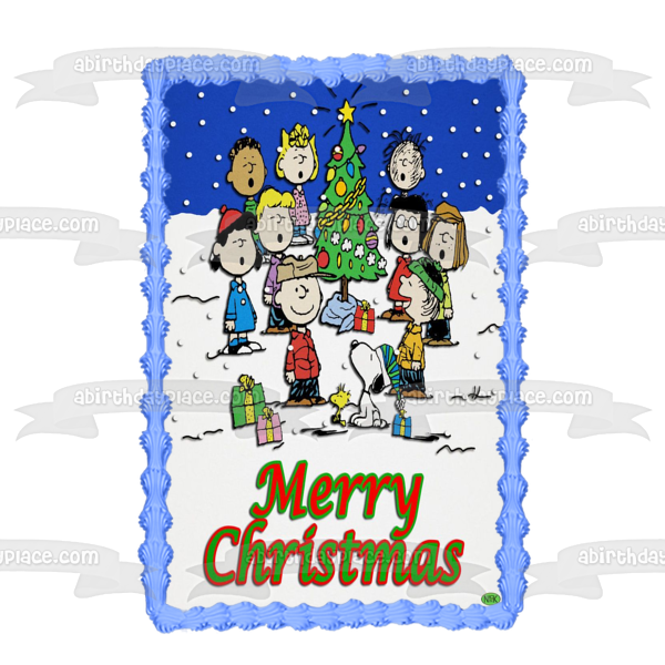 Peanuts Merry Christmas Snoopy Charlie Brown Lucy Sally Linus Christmas Tree Presents Edible Cake Topper Image ABPID53083