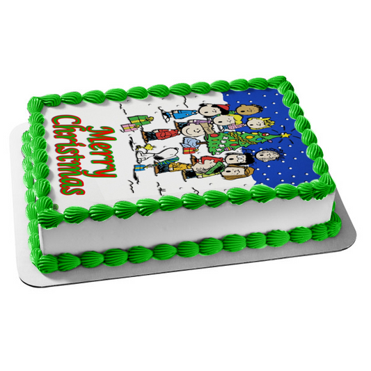Peanuts Merry Christmas Snoopy Charlie Brown Lucy Sally Linus Christmas Tree Presents Edible Cake Topper Image ABPID53083