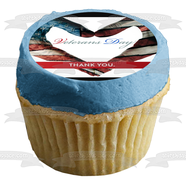 Veterans Day "Thank You" Hand Heart American Flag Edible Cake Topper Image ABPID53298