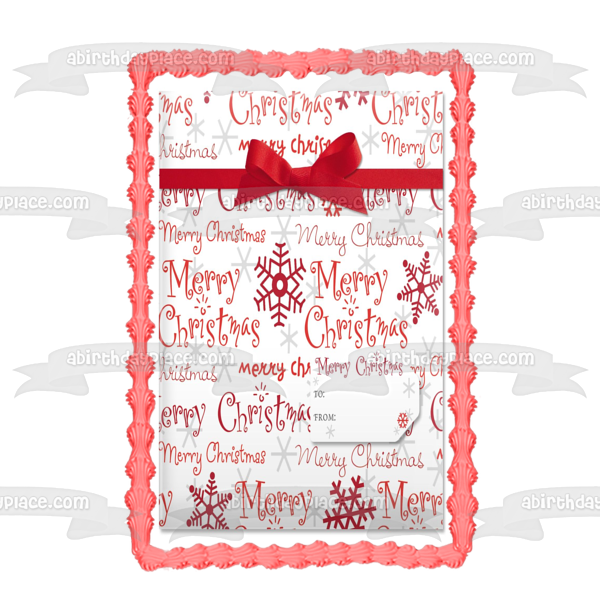 Merry Christmas Christmas Present Snowflakes Bow Edible Cake Topper Image ABPID53098