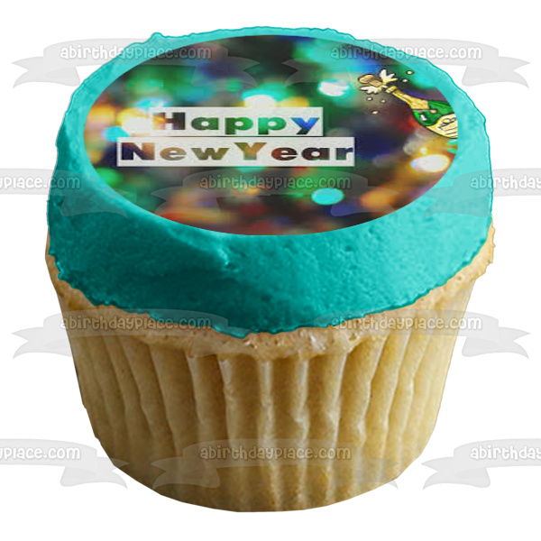 Feliz año nuevo botella de champán imagen comestible para decoración de tarta ABPID53143 