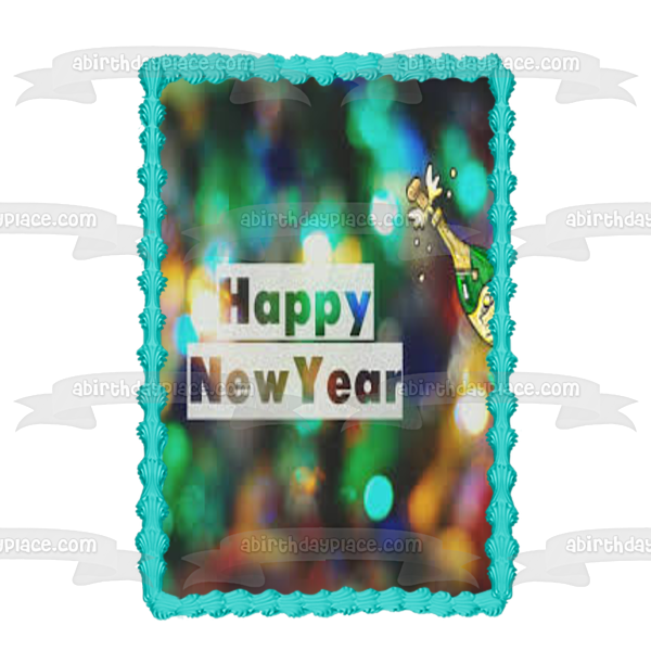 Happy New Year Champagne Bottle Edible Cake Topper Image ABPID53143