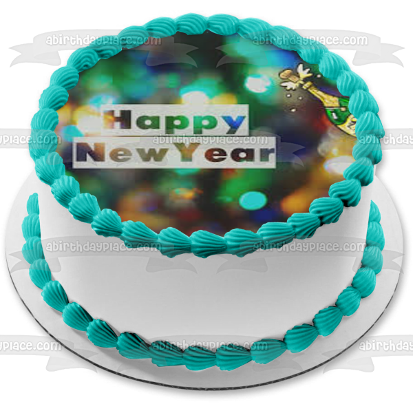 Happy New Year Champagne Bottle Edible Cake Topper Image ABPID53143