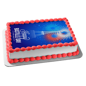 Happy Bastille Day July 14th Eiffel Tower Fireworks Edible Cake Topper Image ABPID54125