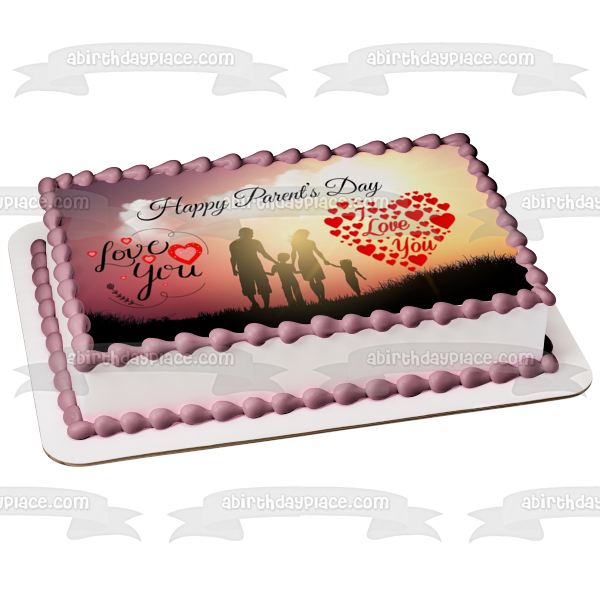 Happy Parents Day Family Silhouette Hearts "Love You" Edible Cake Topper Image ABPID54139