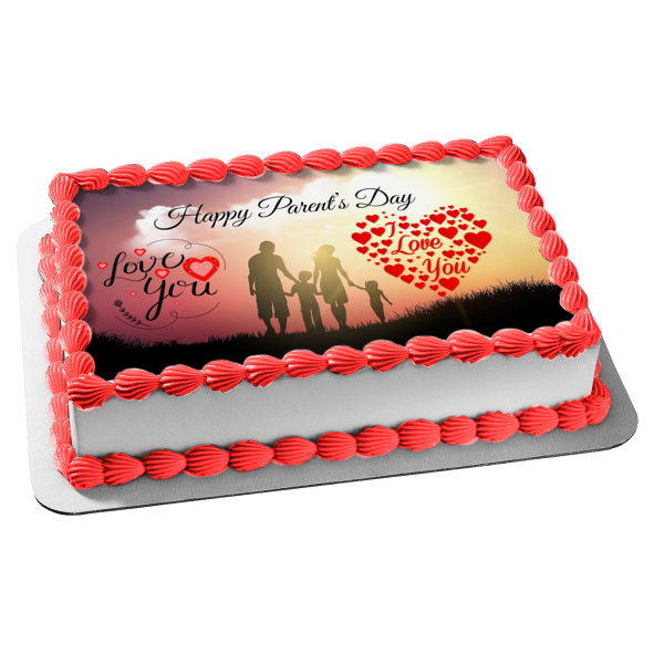 Happy Parents Day Family Silhouette Hearts "Love You" Edible Cake Topper Image ABPID54139