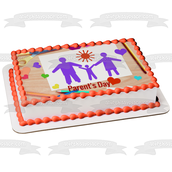 Feliz día de los padres, mamá, papá, niño tomados de la mano, decoración comestible para tarta, imagen ABPID54143 