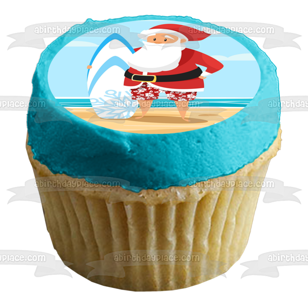 Merry Christmas Santa Claus at the Beach with a Boogie Board Edible Cake Topper Image ABPID53471