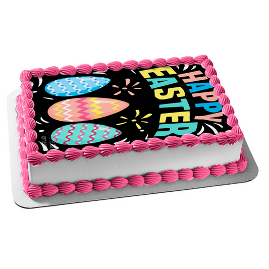Happy Easter Colorful Easter Eggs Edible Cake Topper Image ABPID53745