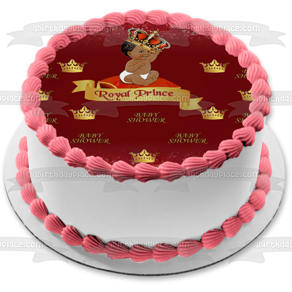 Baby Shower African American Royal Prince Baby Gold Red Crown Edible Cake Topper Image ABPID53600