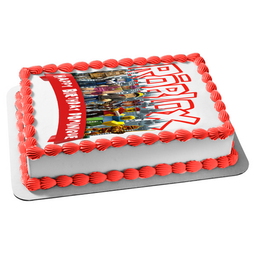 Roblox Cityscape Logo Feliz cumpleaños Banner personalizable Personajes variados Imagen comestible para decoración de tarta ABPID53788 