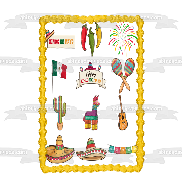 Cinco De Mayo Chili Peppers Sombreros Maracas Fireworks Edible Cake Topper Image ABPID53802