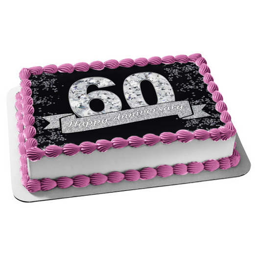 Happy 60th Anniversary Diamonds Silver Banner Edible Cake Topper Image ABPID53628