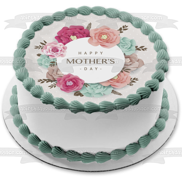 Feliz día de la madre flores rosas y azules adorno comestible para tarta imagen ABPID53812 