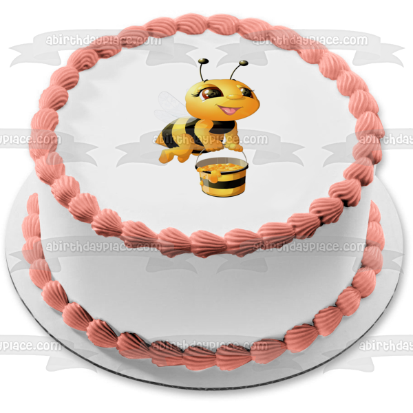 Honey Bee with a Bucket of Honey Edible Cake Topper Image ABPID53697