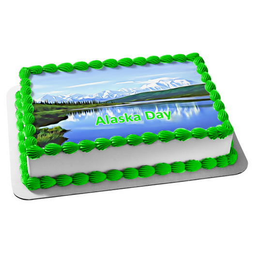 Happy Alaska Day Snowy Mountains Edible Cake Topper Image ABPID54303
