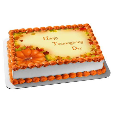 Happy Thanksgiving Pumpkin Fall Colored Leaves Edible Cake Topper Image ABPID54353