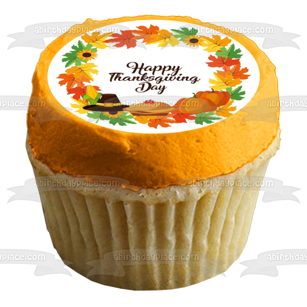 Happy Thanksgiving Day Pumpkins Pies Sunflowers Edible Cake Topper Image ABPID54354