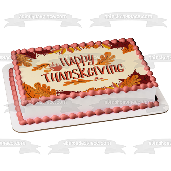 Happy Thanksgiving Fall Colored Leaves Edible Cake Topper Image ABPID54355