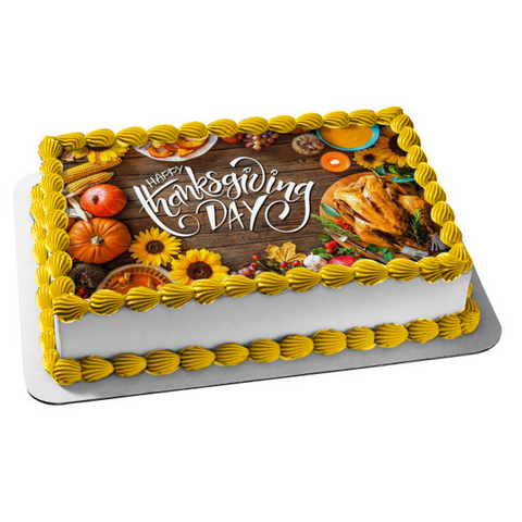 Happy Thanksgiving Day Pumpkins Flowers Thanksgiving Dinner Edible Cake Topper Image ABPID54358