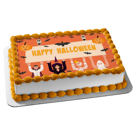 Happy Halloween Scary Pumpkins Witches Vampires and Ghosts Edible Cake Topper Image ABPID54313
