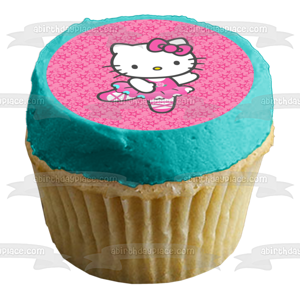 Hello Kitty Ballerina Dancing on Pink Starry Background Edible Cake Topper Image ABPID00138