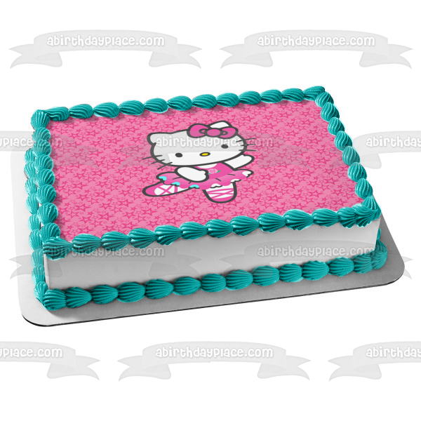 Hello Kitty Ballerina Dancing on Pink Starry Background Edible Cake Topper Image ABPID00138