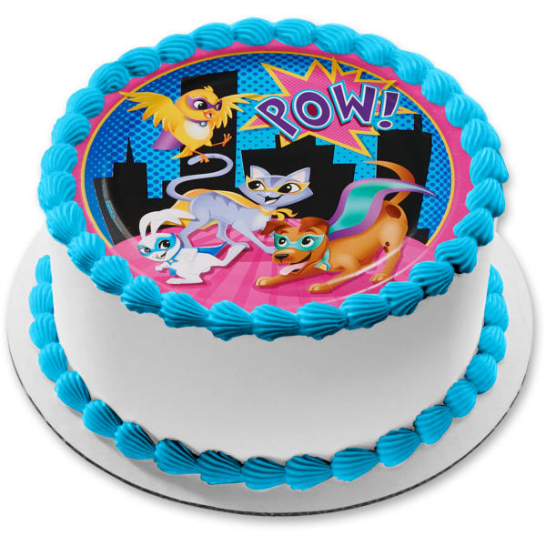 ¡Pow de mascotas de superhéroes! Adorno comestible para tarta con diseño de perro, gato, conejito y pájaro, superhéroes, imagen ABPID00002 