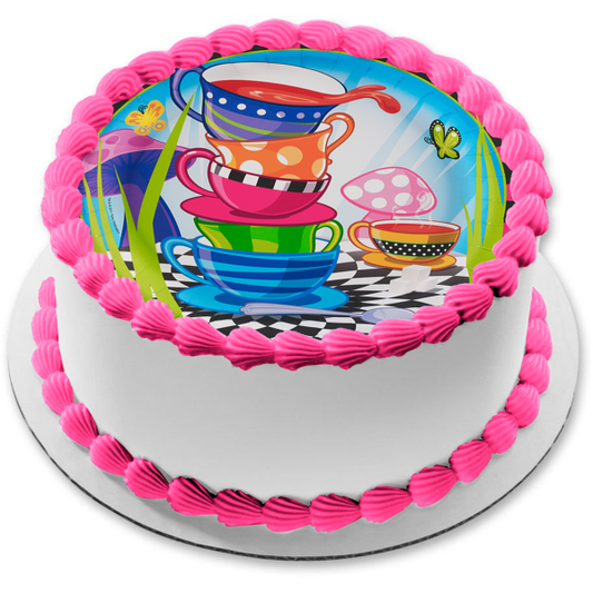 Alice In Wonderland Teacups Stacked Up Edible Cake Topper Image ABPID00381